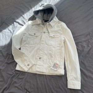 White denim jacket with gray hood